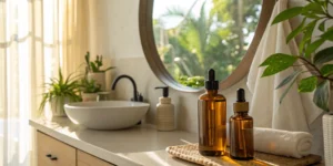 Weighing the pros and cons of bioidentical hormones with amber dropper bottles on a counter.