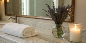 A calm bathroom scene for a day by day cheek filler aftercare routine.