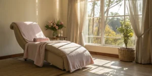 A lounge chair in a calm room for cheek filler recovery time.