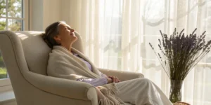 Woman finding relief from menopause symptoms with bioidentical hormones.