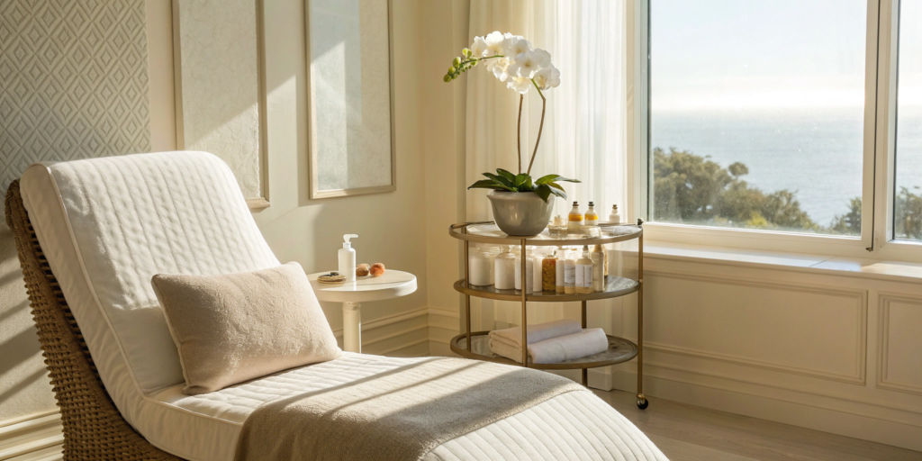 A professional clinic room for a hydrafacial before and after treatment.