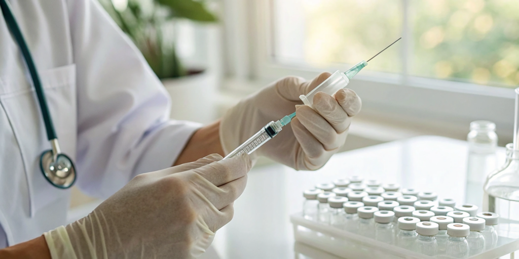 Doctor preparing a 200mg testosterone injection while explaining how much it costs.