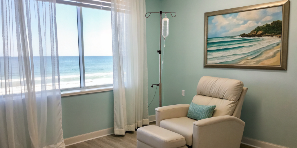 IV drip in a comfortable therapy room, a factor in how much an IV costs without insurance.