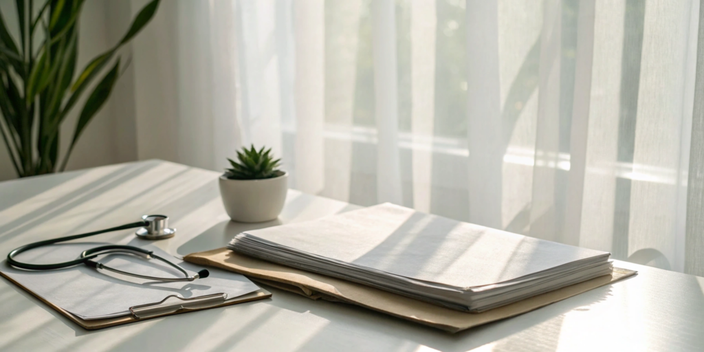 Medical documents and a stethoscope on a desk showing how much HRT costs per month.