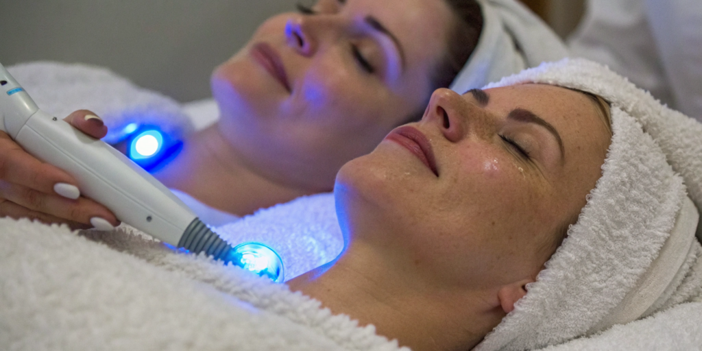 Woman receiving a HydraFacial, a choice often weighed against microdermabrasion.