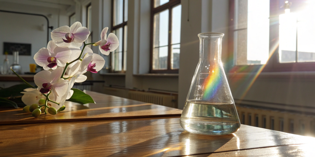 A lab flask of bioidentical or synthetic estradiol with orchids on a table.