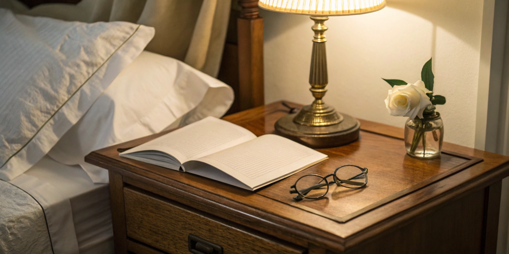 Bedside table with a book and lamp, considering if NightLase treatment is covered by insurance.
