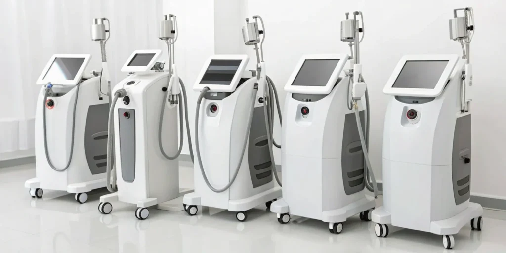 Non-surgical body contouring equipment for fat reduction procedures in a professional clinic.
