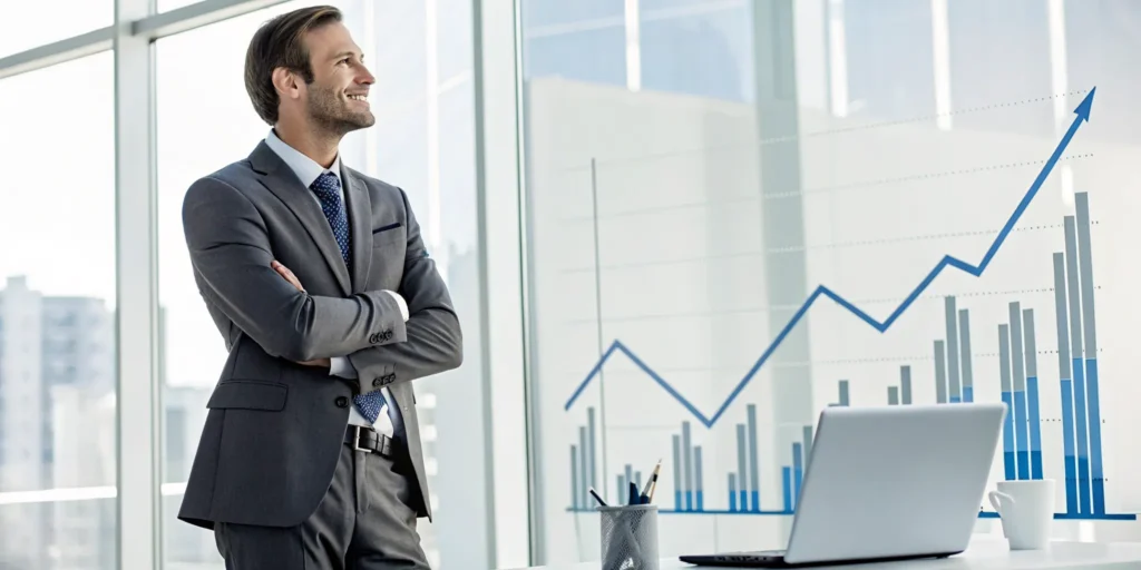 A confident man's success, shown by a rising graph, highlighting the positive effects of TRT.