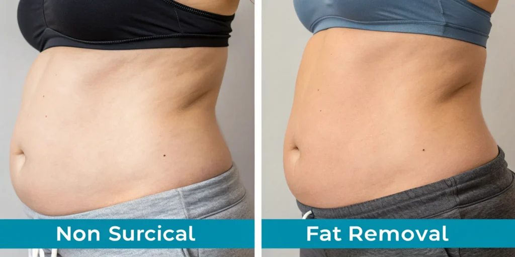 Before and after comparison of non surgical stomach fat removal options.