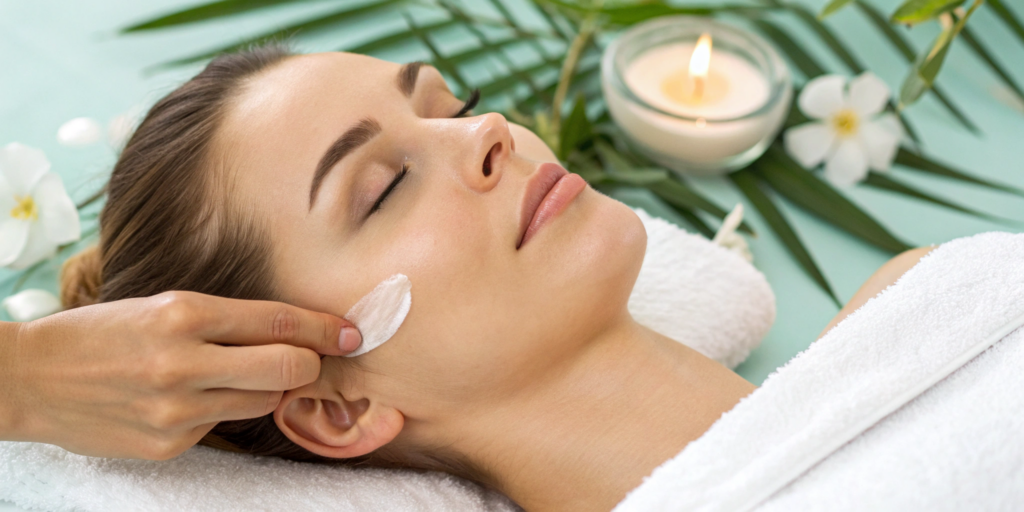 A professional applies a medium chemical peel to a woman's face, a factor in the total cost.