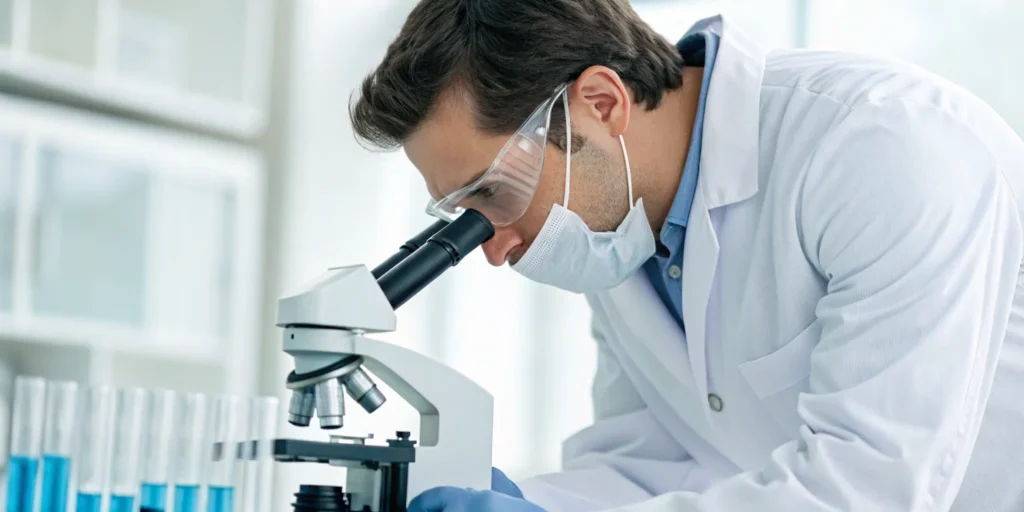 Scientist using a microscope to research a permanent cure for erectile dysfunction.