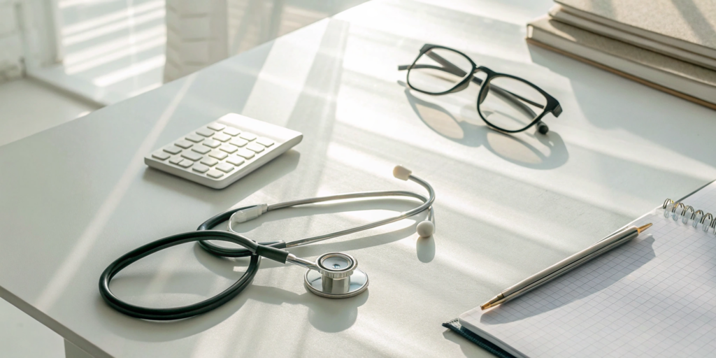 Stethoscope and calculator used to plan the cost of IV therapy with insurance.