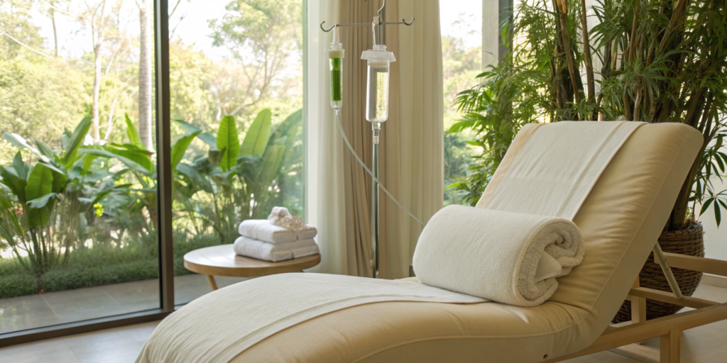 A person receiving an IV drip for the benefits of healthier, glowing skin.