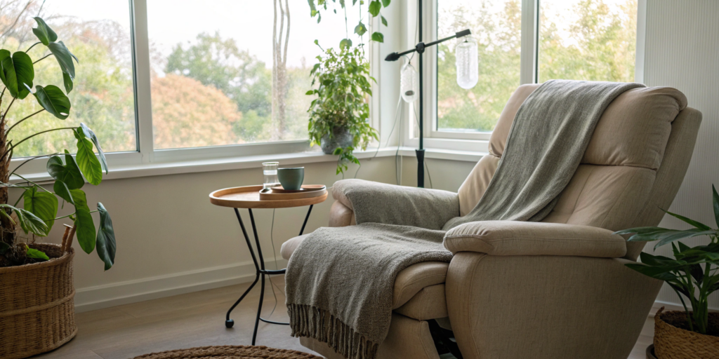 At-home IV hydration therapy setup with an IV drip next to a comfortable chair in a living room.
