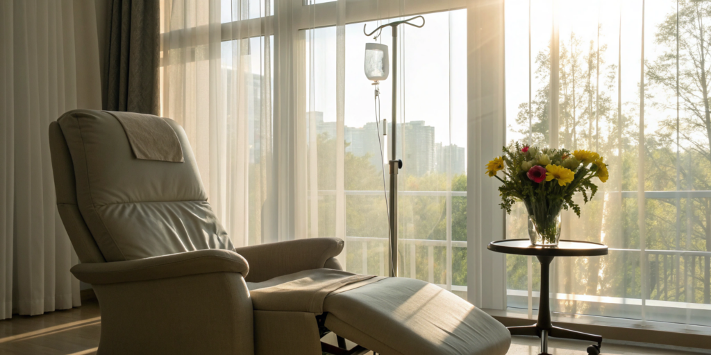 A sterile clinical setting for an IV vitamin therapy session, following safety guidelines.
