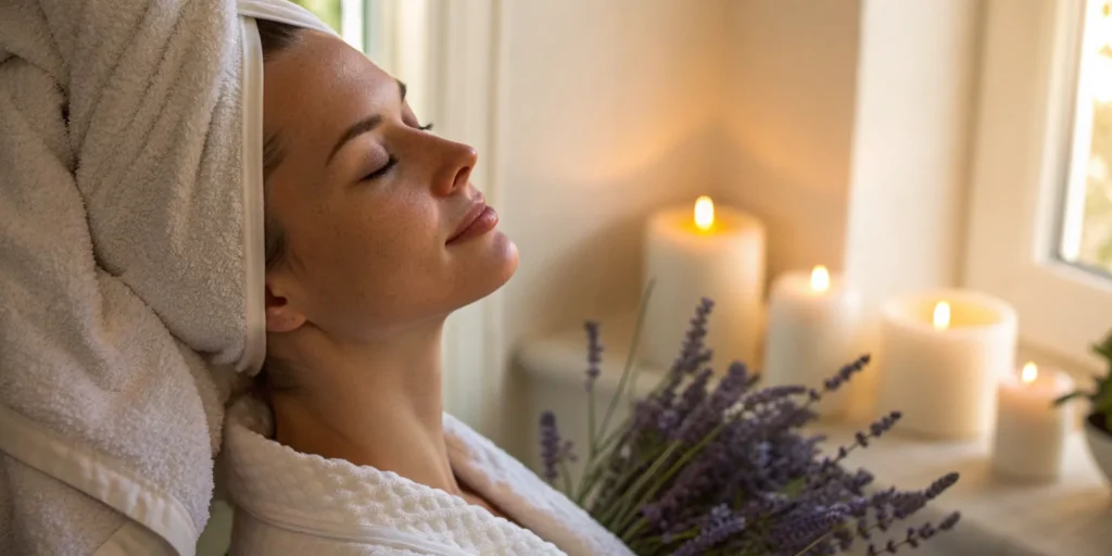 Woman relaxing after a medium depth chemical peel treatment for acne scars.