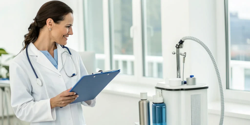 A doctor discussing the NightLase snoring treatment next to the laser device.