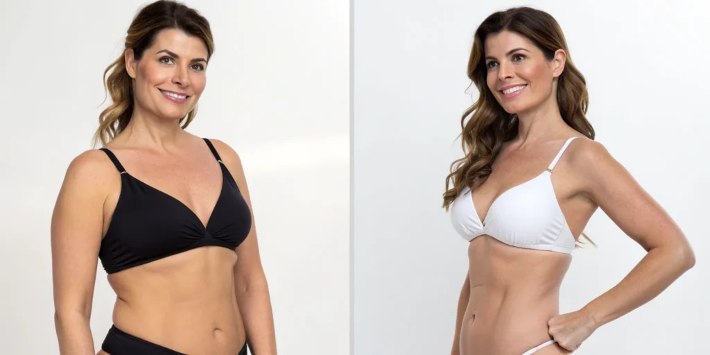 Before and after photo of non-surgical body contouring results.