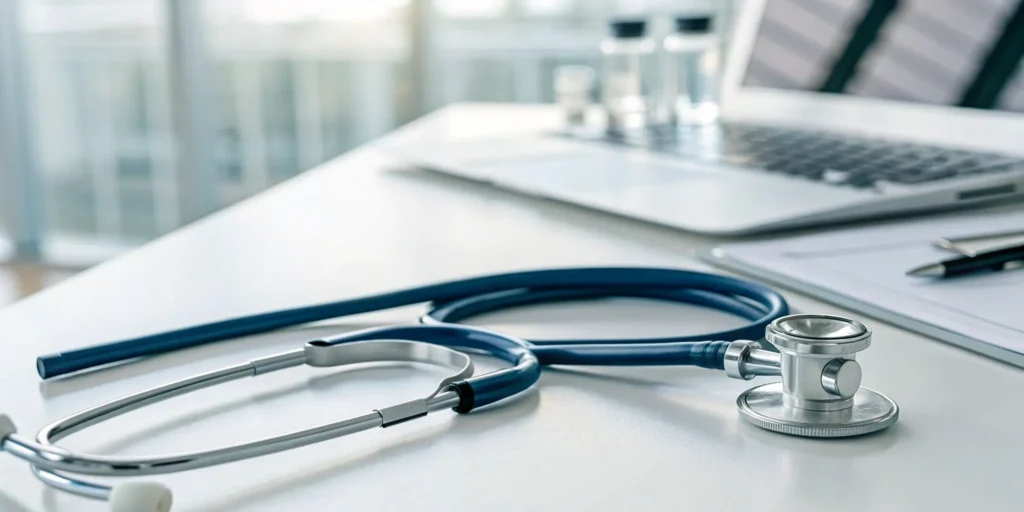 Stethoscope on a desk with a laptop open to P-shot for ED reviews.