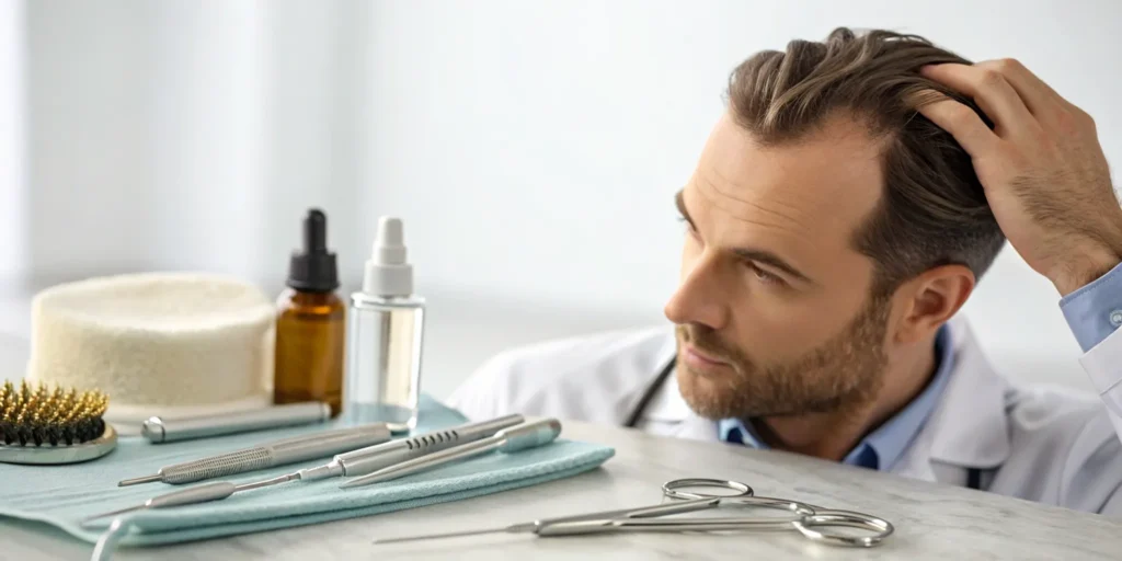 Man examining his hair loss next to equipment for PRP hair restoration therapy.