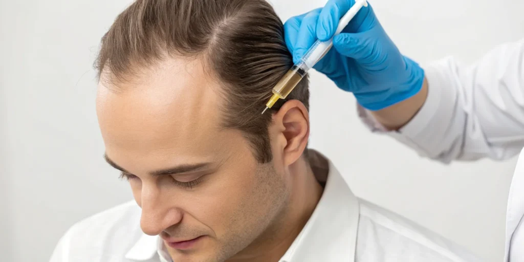 PRP hair treatment process with an injection into the scalp.