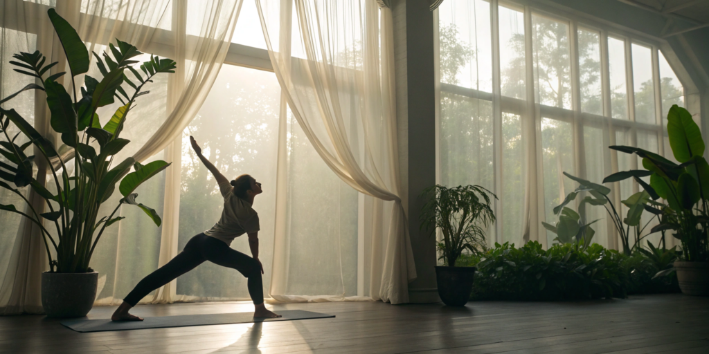Woman in a bright room performing a yoga stretch to release tight abs.