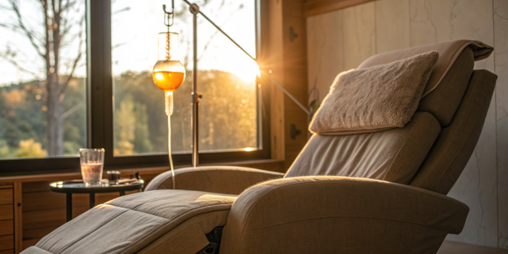 A relaxing energy IV drip treatment in a comfortable lounge chair.