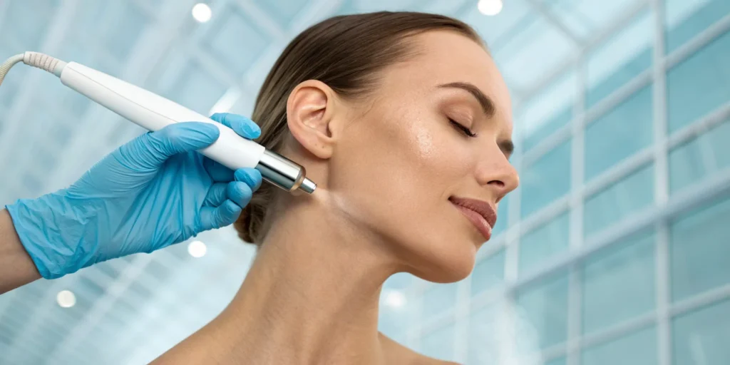 A woman receiving a laser facial, one of the many types of laser treatments for the face.