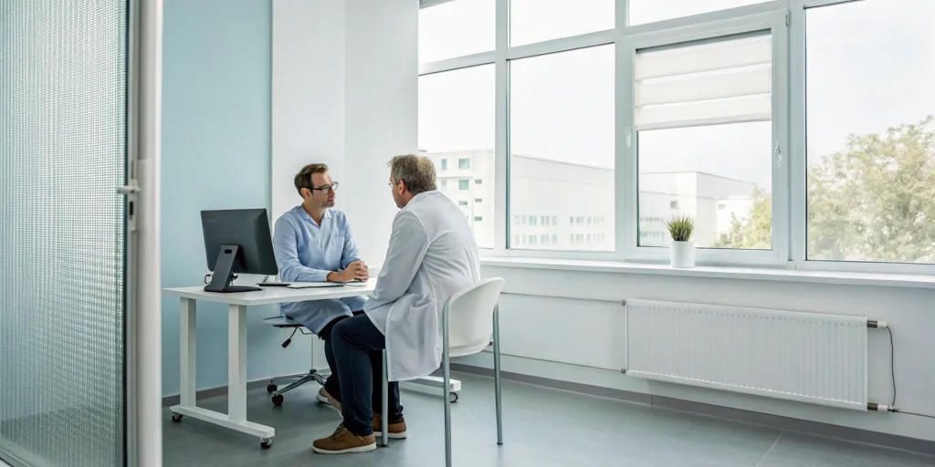 Doctor consulting a patient about the right treatment to cure snoring.