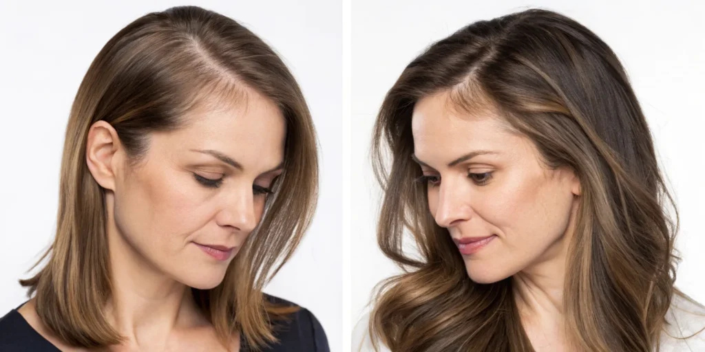 Female hair before and after PRP treatment showing improved density and fullness.