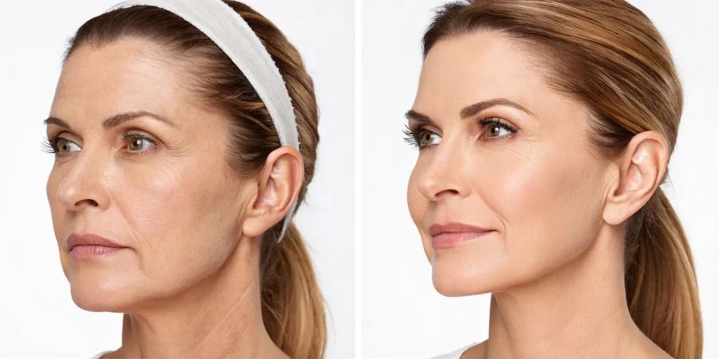 Sculptra before and after image with restored facial volume and softened wrinkles.