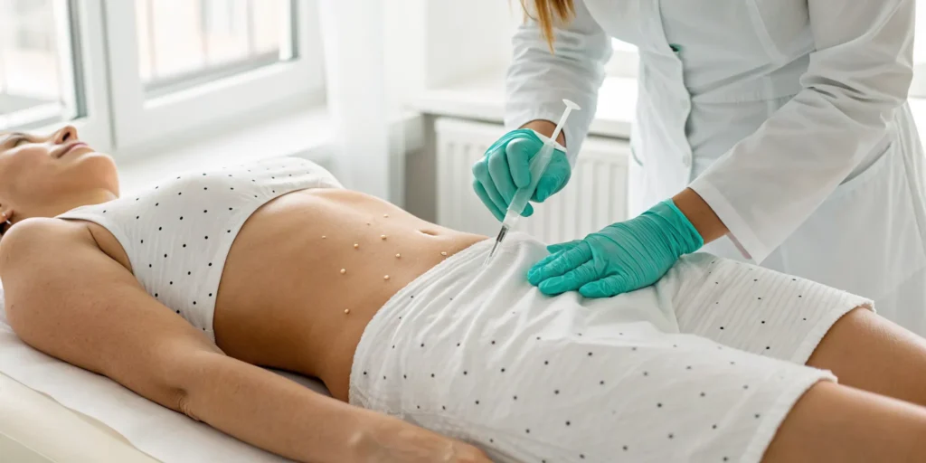 A gloved medical professional performing Sculptra injections for buttocks.