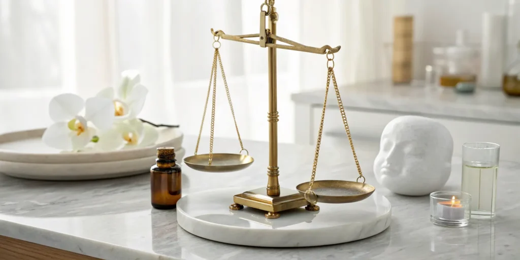 A brass balance scale weighing the pros and cons of Sculptra.