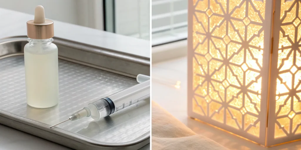 A Sculptra vial and syringe on a tray, comparing the injectable against other dermal fillers.