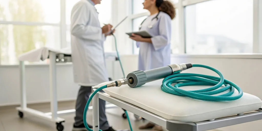 A shockwave device for ED treatment sits on a table in a clinic.