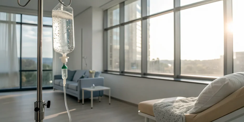 A patient's arm receiving an IV drip for skin, a procedure with potential side effects.