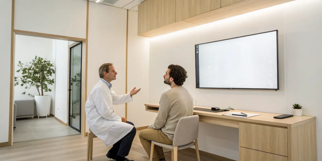 Doctor discussing snoring causes and treatment options with a patient.