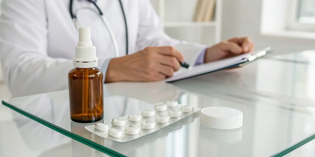 Snoring control medicine on a doctor's desk with a physician writing a prescription in the background.