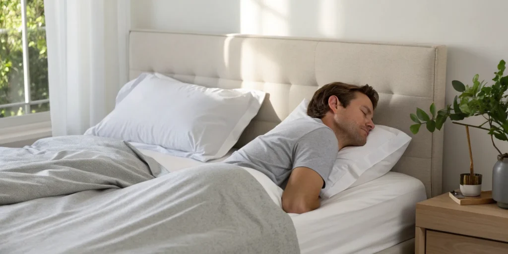 Man sleeping on his side to stop snoring, which is common when sleeping on the back.