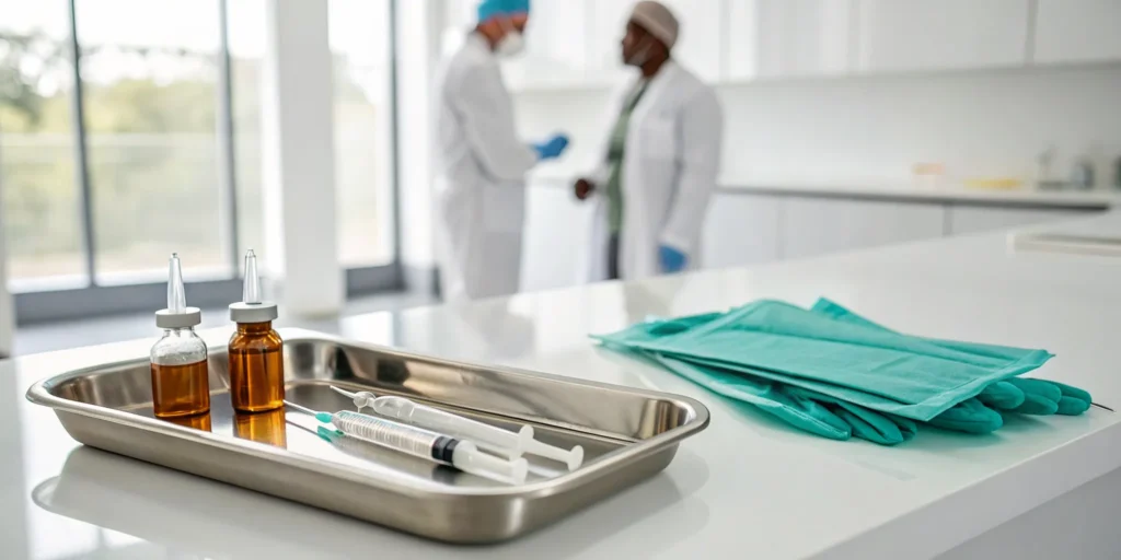 Testosterone injection vials and syringe on a tray, a treatment for males with potential side effects.