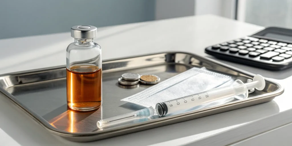 Calculating the cost of testosterone shots with a vial of testosterone and a syringe.