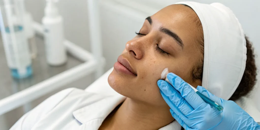 Woman receiving gentle aftercare to heal skin fast after laser treatment.