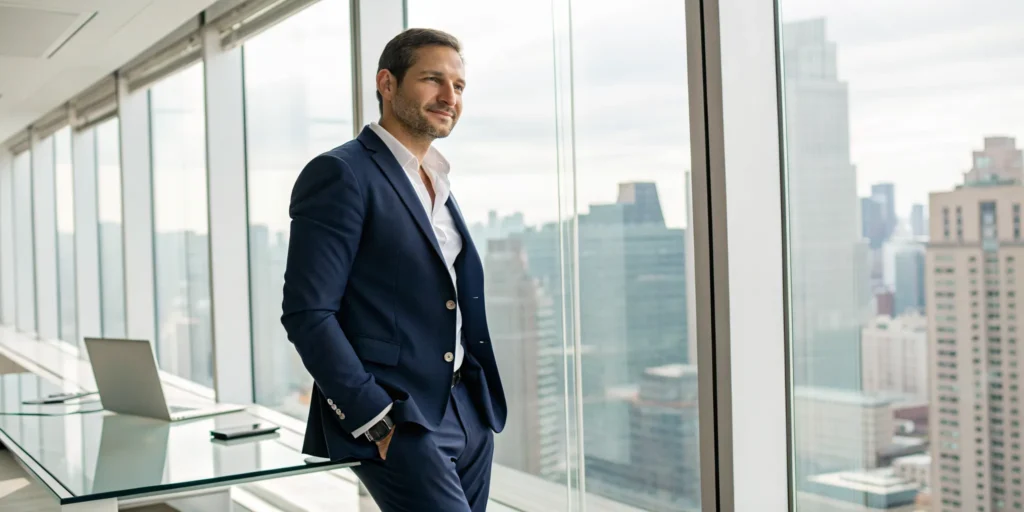 A confident man in his office enjoying the benefits of TRT for men.