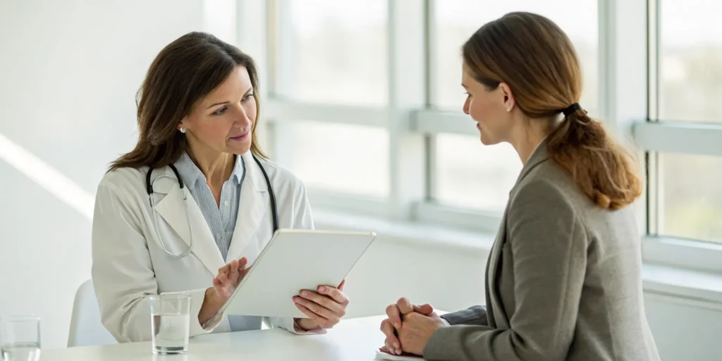 Doctor discussing vaginal rejuvenation options and reviews with a patient.