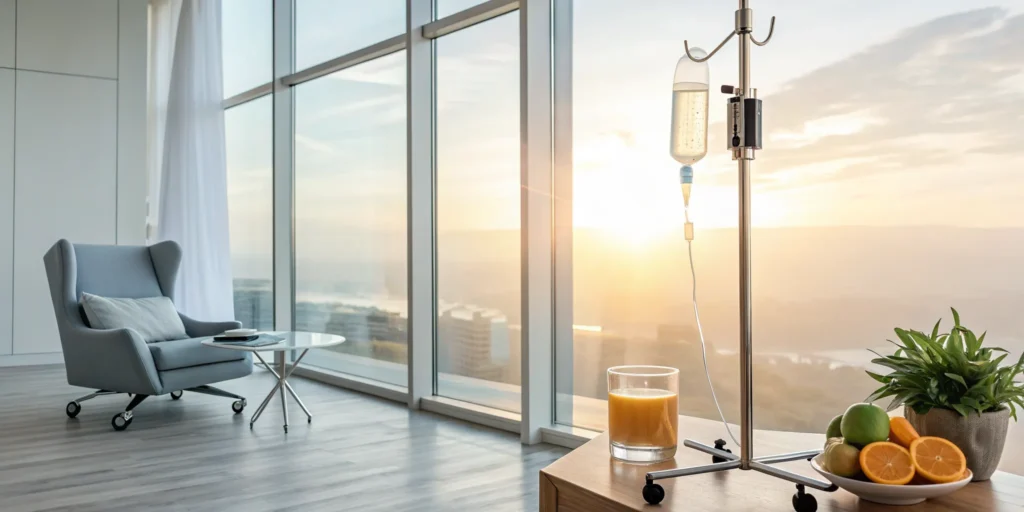 A vitamin IV therapy drip infusing nutrients, set against a backdrop of fresh citrus fruits.