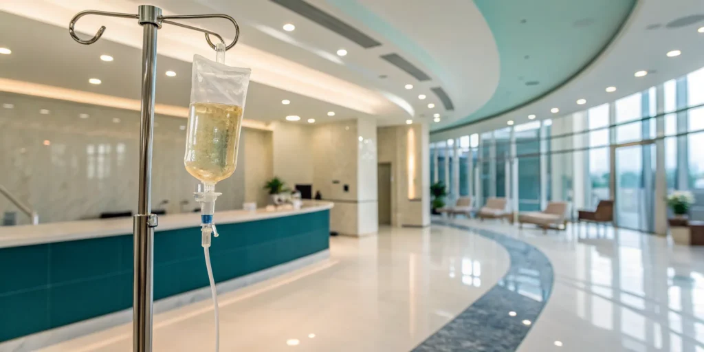 A close-up on a vitamin IV therapy drip, a popular treatment with mixed reviews.