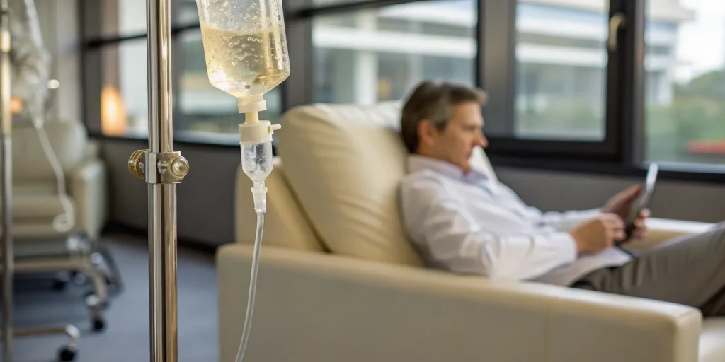 Patient's arm receiving a vitamin IV therapy drip, a treatment with potential side effects.