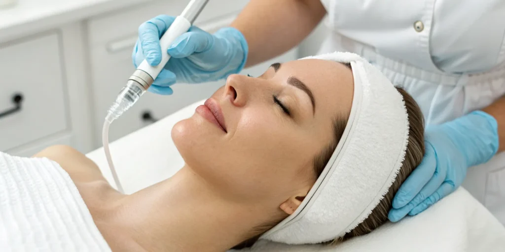 A client receiving a HydraFacial treatment for deep cleansing and skin hydration.