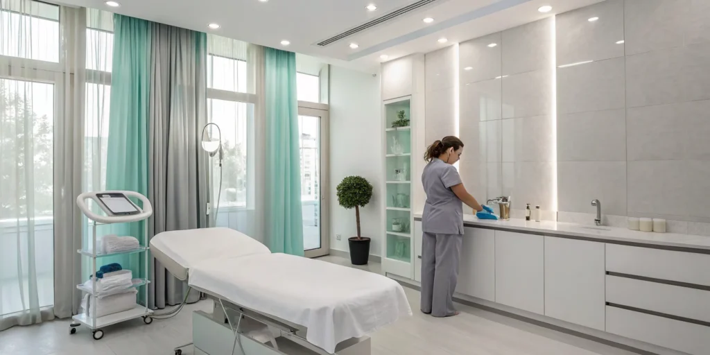 Staff in a modern clinic preparing for a non-surgical body contouring treatment.